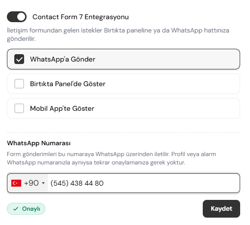Birtıkta panelinde Contact Form 7 WhatsApp entegrasyonu ayarları